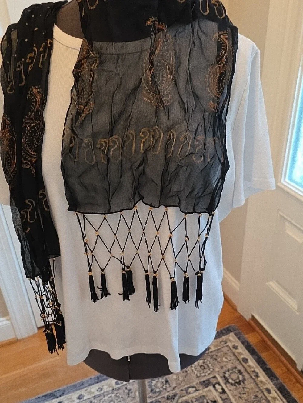 Black Polka Dot Fringe Scarf with Gold Accent - Unbranded
